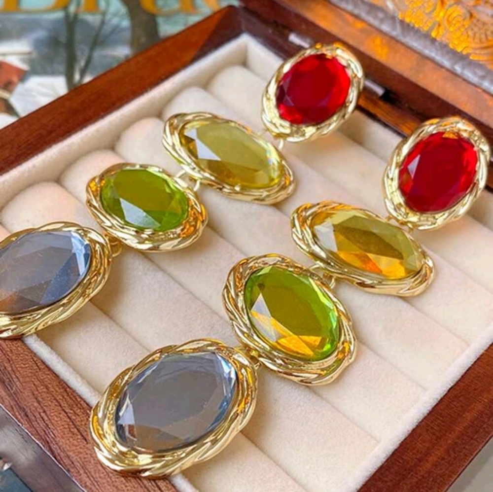 Long Multi Color Stones and  Goldtone Trimmed Pierced Earrings